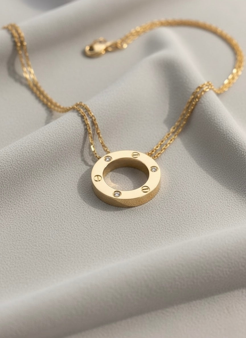Screw Zirconia Gold Circle Necklace