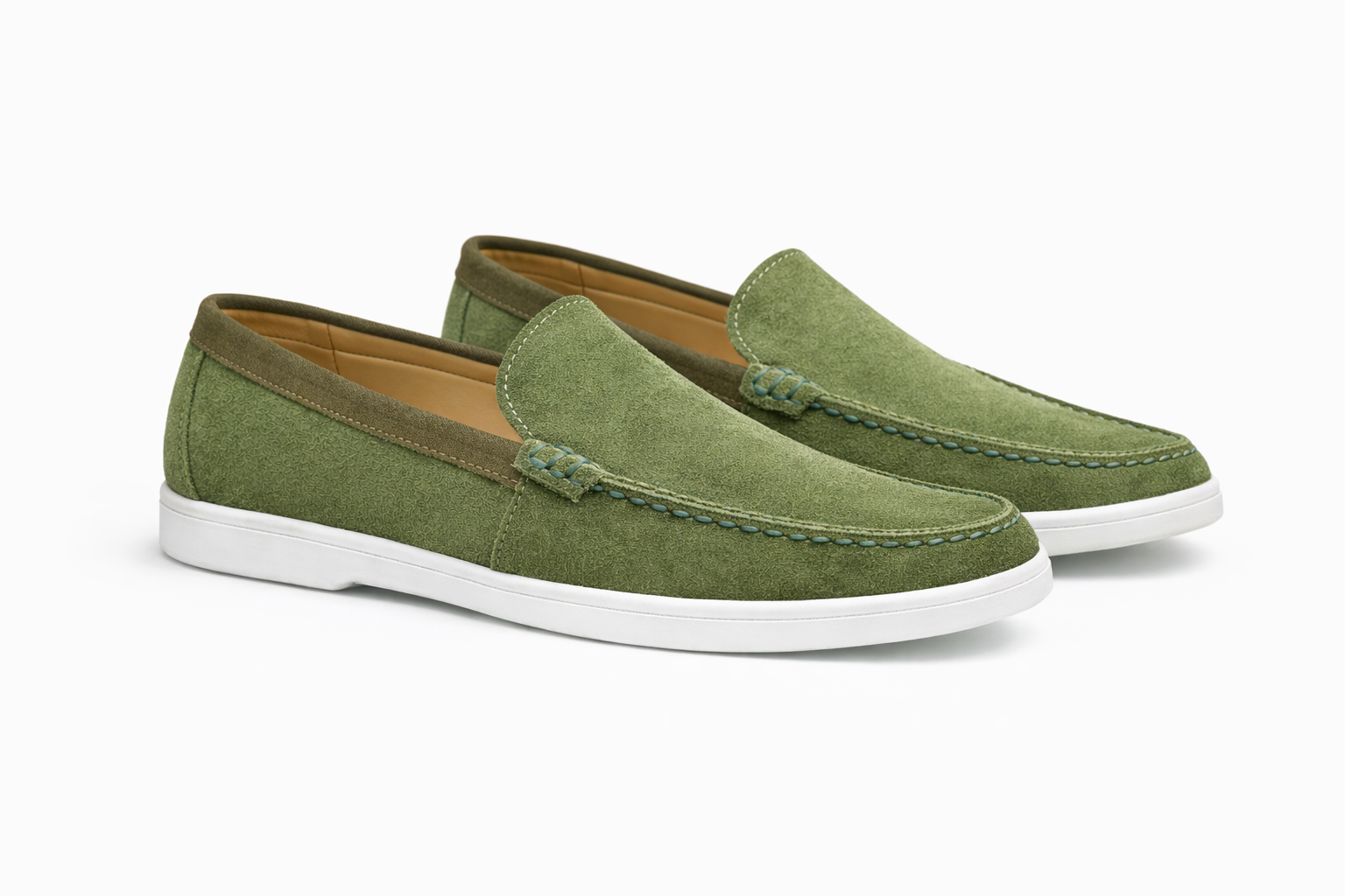 Olive Suede Leather Loafers - Men
