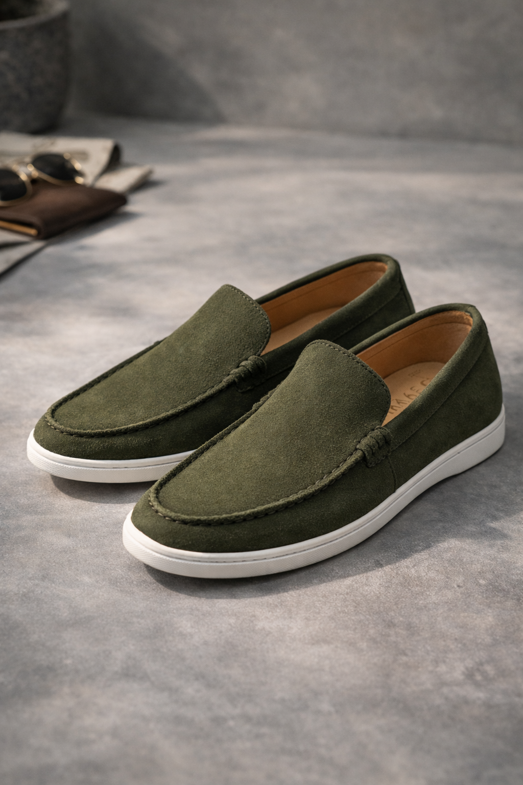 Military Olive Suede Leather Loafers - Men